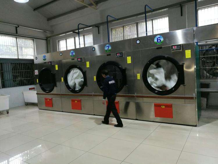 Row of industrial washer extractors in a commercial laundry facility