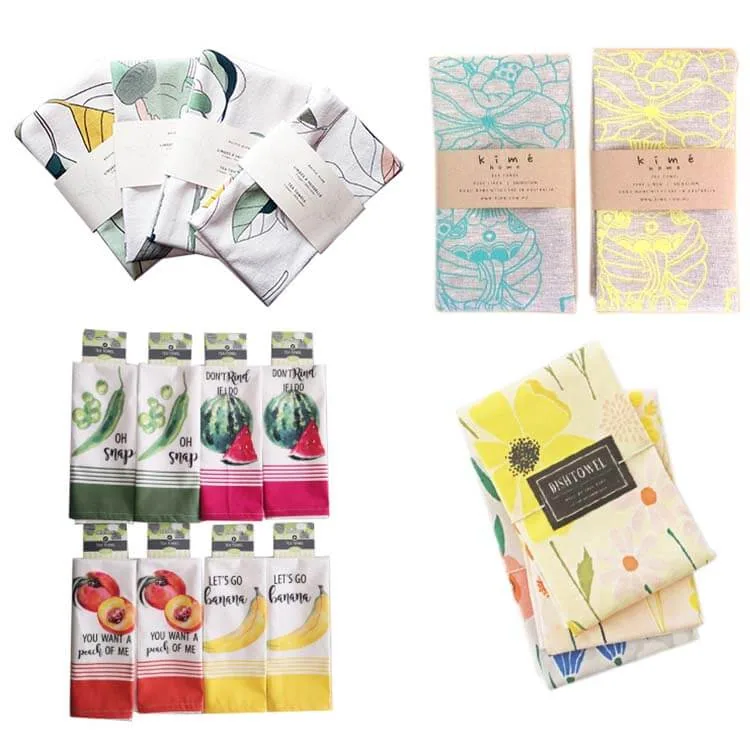 Custom printed tea towels hanging in a home kitchen