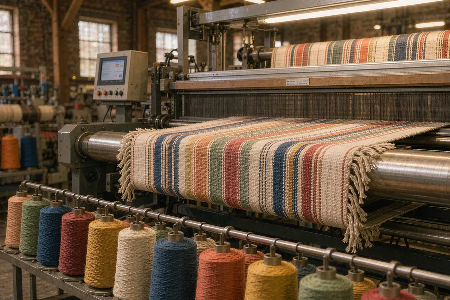 Weaving loom producing striped peshtemal towels at the Sinmal mill